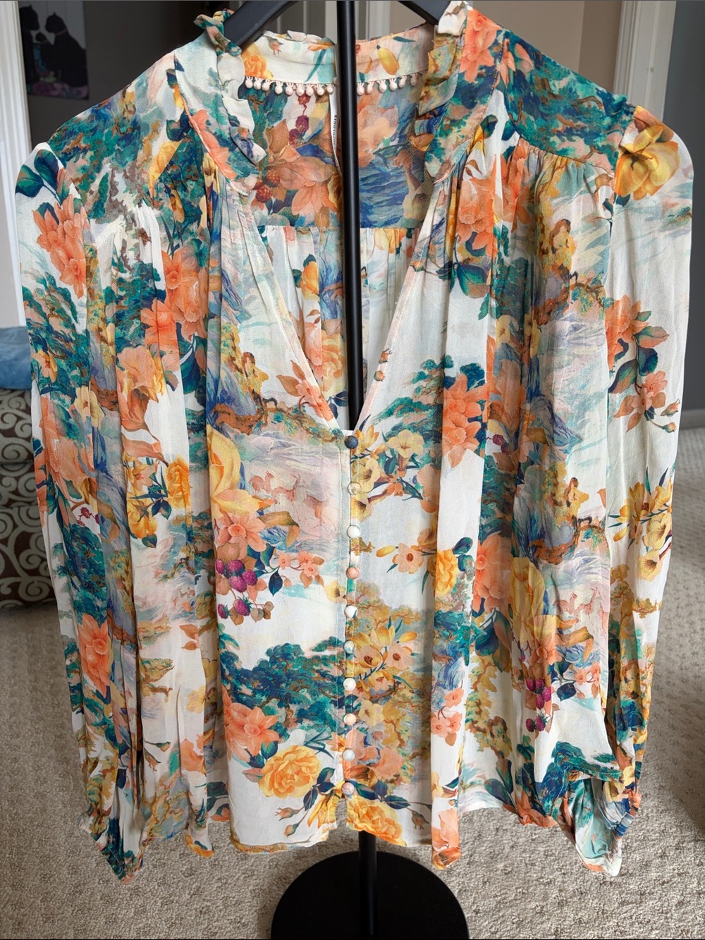 Anthropologie Cream Floral V-Neck Button Blouse with Teal & Orange Accents